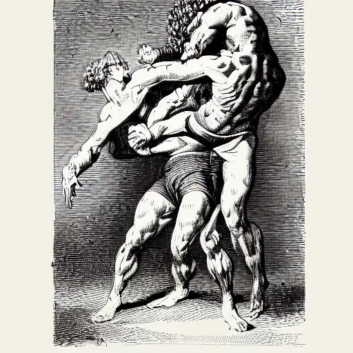 Prompt: a high contrast crosshatched pen illustration of a powerful man wrestling a monster coming from his phone by Gustave Doré, colorful Ben Day dots