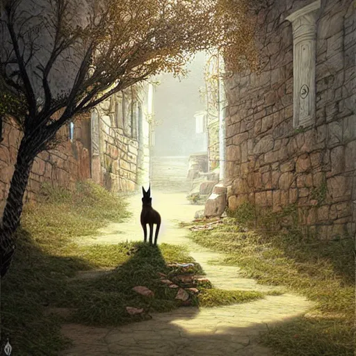 Prompt: cute fluffy caracal in ancient greek town, a beautiful landscape by gediminas pranckevicius