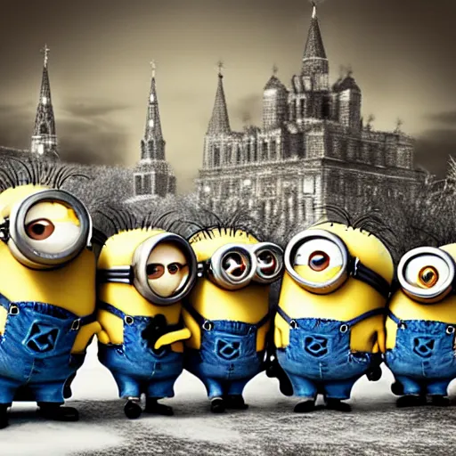 Prompt: minions from the movie despicable me with joseph stalin, with a background of the kremlin in snow, sepia tone picture, black and white photo
