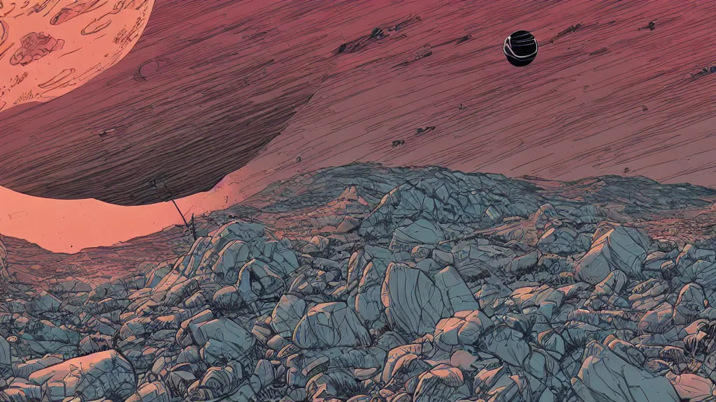Image similar to very detailed, prophet graphic novel, ilya kuvshinov, mcbess, rutkowski, simon roy, illustration of a dead planet as seen from a space probe, wide shot, colorful, deep shadows,