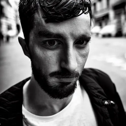 Prompt: black and white fashion photograph, highly detailed portrait of a depressed guy as a drug dealer on a busy Paris street, detailed face looking into camera, eye contact, natural light, rain, mist, lomo, fashion photography, film grain, soft vignette, sigma 85mm f/1.4 1/10 sec shutter, Daren Aronofsky film still promotional image, IMAX 70mm footage