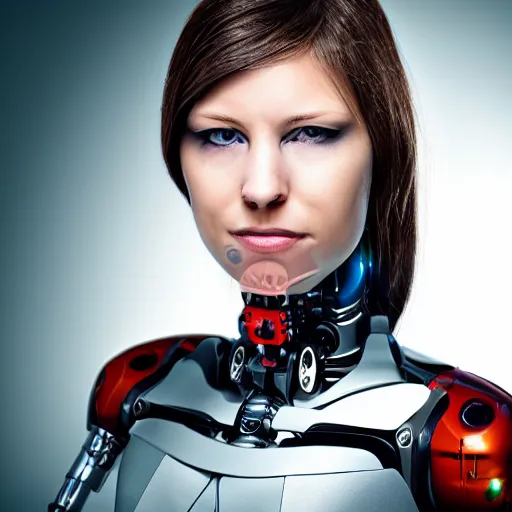 Prompt: portrait photo of a female cyborg