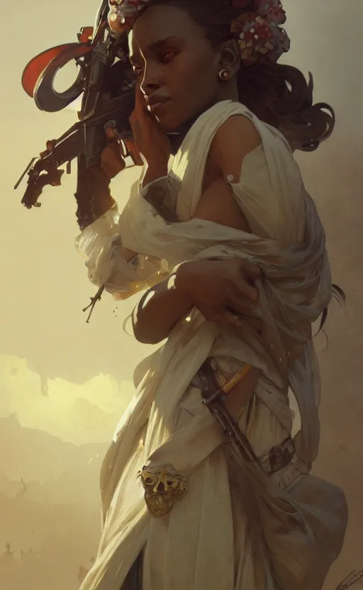 Image similar to a personification of the country somalia, highly detailed, digital painting, artstation, concept art, sharp focus, illustration, art by greg rutkowski and alphonse mucha