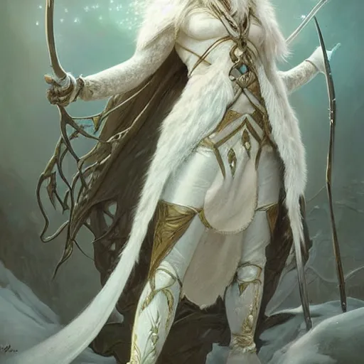 Image similar to an epic concept art of a handsome androgynous snow elf with a bow in a turquoise cape and silver armour, albino skin, winter vibes, elegant, very coherent symmetrical artwork, by tomasz alen kopera and alphonse mucha, sharp focus, octane render, unreal 5, trending on artstation