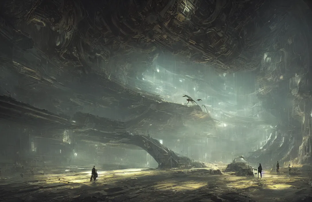 Prompt: a huge abandoned scifi underground in the style of martin deschambault, detailed dreamscape, hyperreal phantastic, intricate details in environment, golden ratio, high aestehtic,, cinematic light dramatic light, lightrays, flying birds in distance, hyperreal 4 k