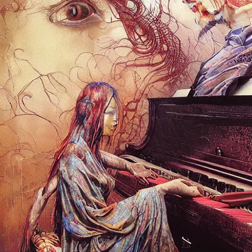 Image similar to realistic detailed UHD photorealistic The Mummy Playing Piano, by Ayami Kojima, Amano, Karol Bak, Mark Brooks, tonalism, rich deep colors. Beksinski painting, art by Adrian Ghenie and Gerhard Richter. art by Takato Yamamoto. masterpiece