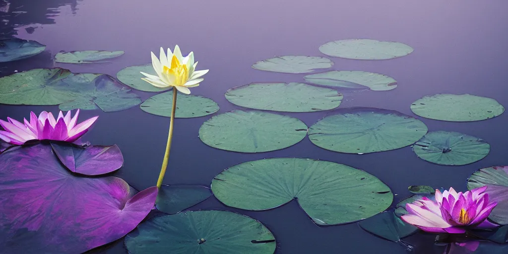 Image similar to A hand holding a water lily, night dramatic lighting, blue, yellow and purple tones, wide camera angle, matte painting, trending on ArtStation, concept art, delightful surroundings, high detail, sharp contrast, ray tracing, picturesque artwork by Mike Winkelmann, artwork by Ridley Scott, 4K, 8K, super graphically realistic detailed, high definition, HDR