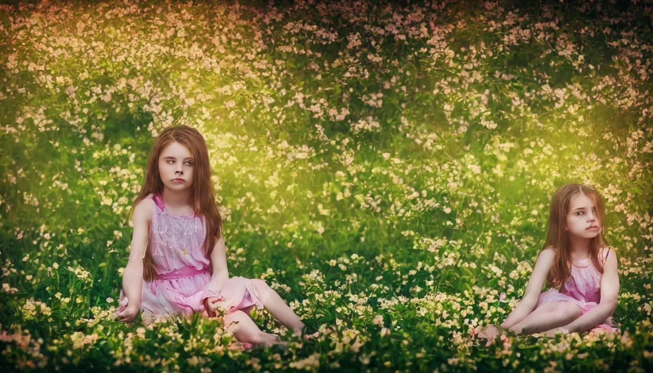 Image similar to a portrait of a girl sitting in a spring garden fine art photography in style of Lindsay Adler, bokeh light, natural colors scheme