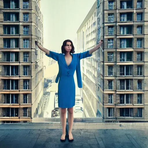 Image similar to giant flower head, frontal, woman standing in mid century building, surreal, symmetry, bright, tone in tone, cinematic, wes anderson