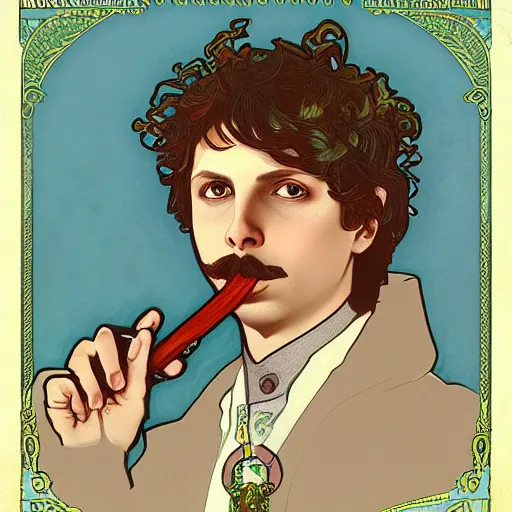 Image similar to a detailed portrait of michael cera as santa ana at the alamo, long twirling moustache, by alphonse mucha and arthur mucha, god rays, intricate detail, cinematic, 8 k, featured on artstation, pixiv