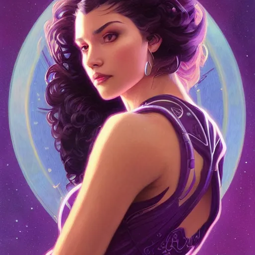 Prompt: Portrait of very very very very very very beautiful Latina woman, spacesuit, purple eyes, intricate, elegant, highly detailed, digital painting, artstation, concept art, smooth, sharp focus, illustration, art by artgerm and greg rutkowski and alphonse mucha