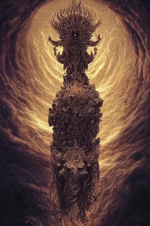 Image similar to Intricate stunning highly detailed deity by agostino arrivabene, Greg Rutkowski , surreal, digital painting, ultra realistic, Horror vacui, beautiful lighting, full moon, ravens, thick black swirling smoke tornado, burning fire embers, artstation