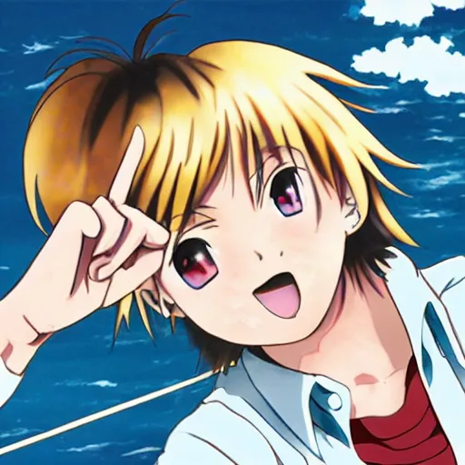 Image similar to anime illustration of young Paul McCartney from the Beatles, wearing a blue and white check shirt, on a yacht at sea, smiling at camera, white clouds, ufotable