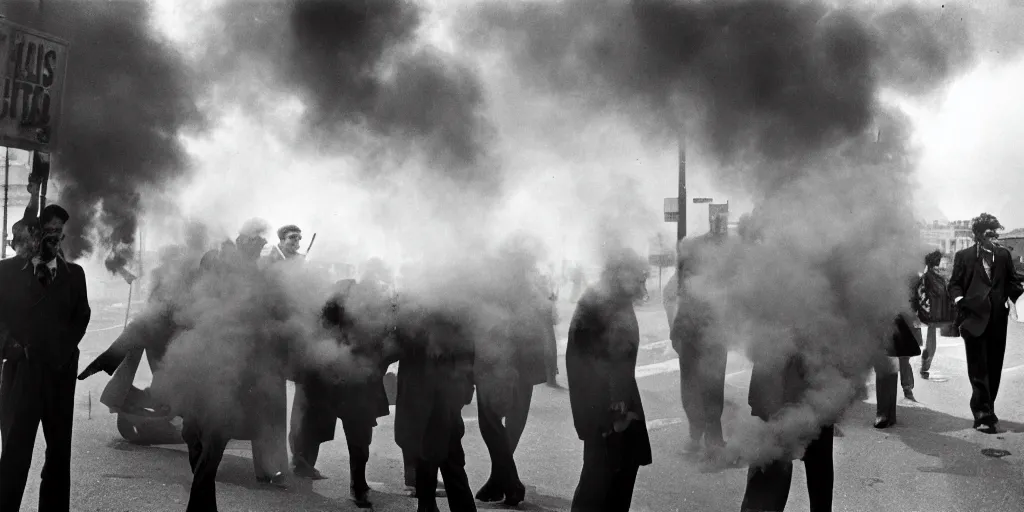 Image similar to street photo, revolution, smoke on the street, a thousands of people closeup, film photography, exposed b & w photography, christopher morris photography, bruce davidson photography, peter marlow photography