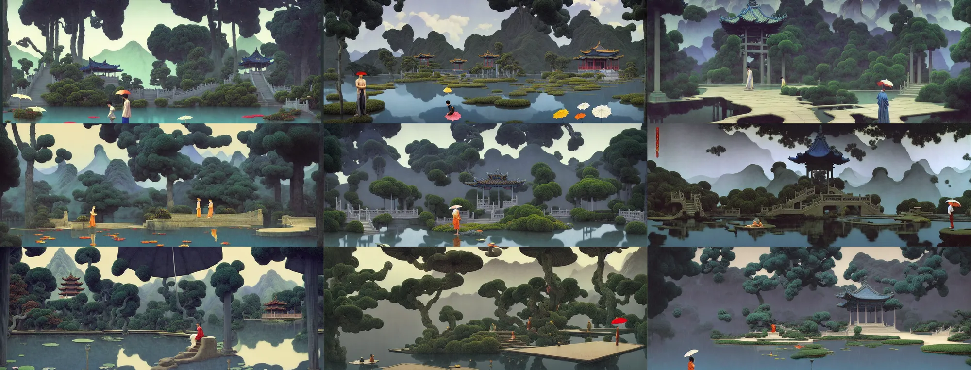 Prompt: a gorgeous landscape painting by barlowe wayne maxfield parrish and marco mazzoni. rainy mood. chinese temple. grey blue. just one boy with umbrellas on the winding steps. lotus lake. ultra clear detailed. 3 d, octane render. turbulent blood lake.