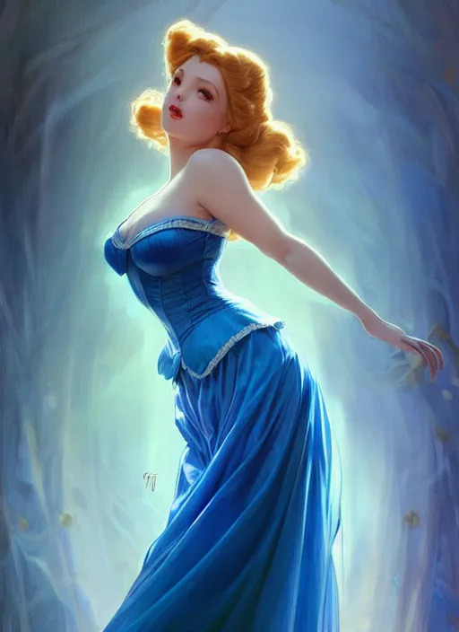 Prompt: concept art by artgerm, portrait of pinup giant disney alice in wonderland in blue dress, soft natural light, intricate, elegant, highly detailed, my rendition, digital painting, artstation, concept art, smooth, sharp focus, illustration, art by greg rutkowski and alphonse mucha and uang guangjian and gil elvgren, symmetry!!