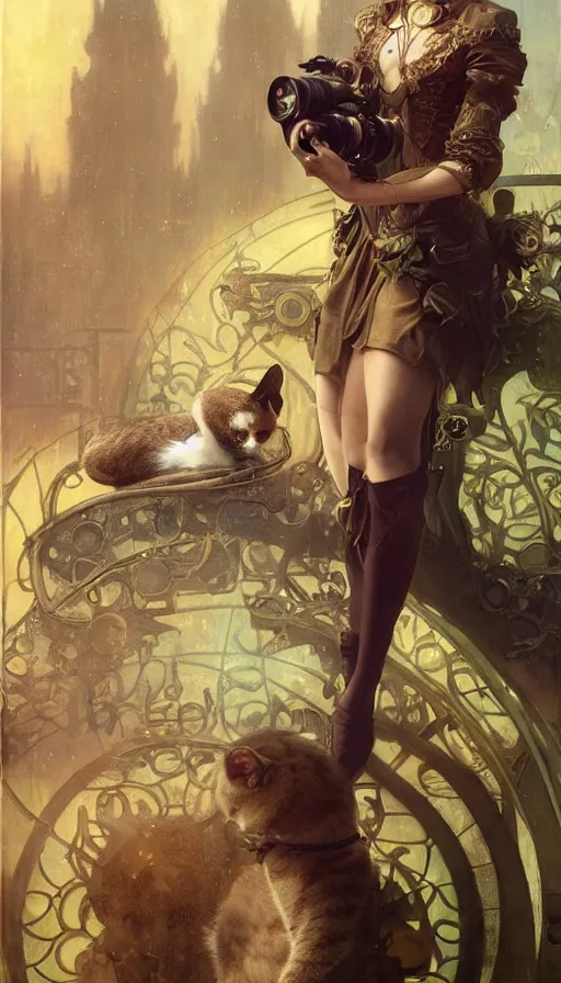 Image similar to hyper realistic photographer taking a picture of a cat, magical, steampunk, painted by tom bagshaw, mucha, gaston bussiere, craig mullins, j. c. leyendecker 8 k