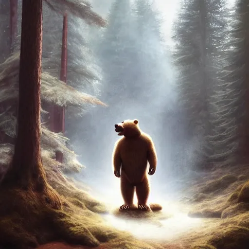 Image similar to a giant humanoid bear singing on a stage in a forest, digital art, detailed face, highly detailed, calm, deviantart, art by greg rutkowski, artstation, natural lighting, dramatic