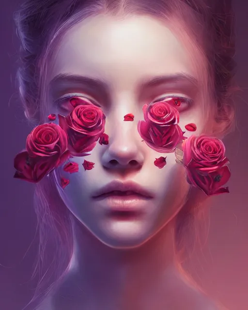 Prompt: portrait of a female face with roses instead of eyes. roses, intricate abstract upper body intricate artwork, by tooth wu, wlop, beeple, dan mumford. concept art, octane render, deviantart, greg rutkowski, cinematic arthouse, key art, hyper realism, iridescent accents