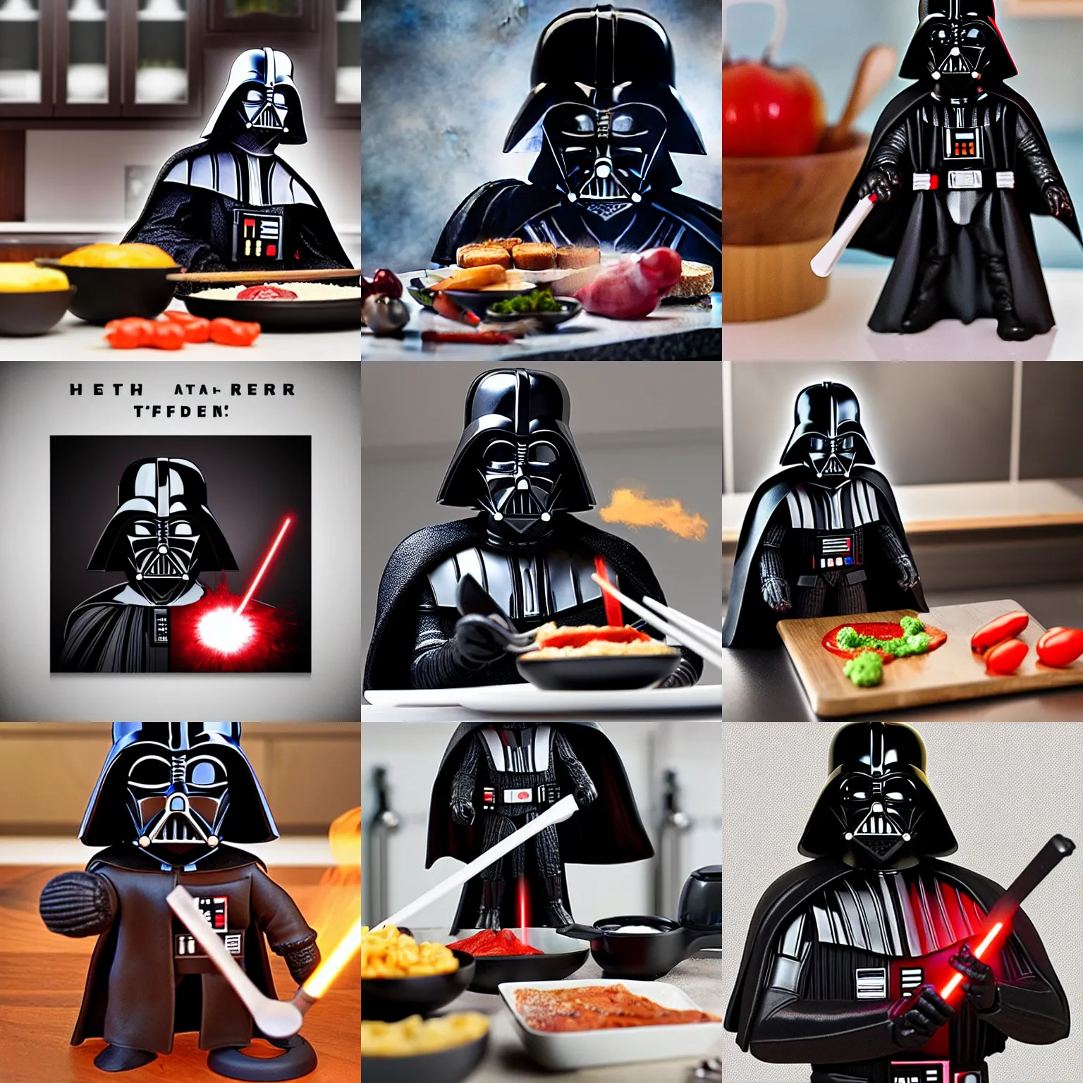 Image similar to Darth Vader cooking in the kitchen, photo realistic, award-winning, highly-detailed