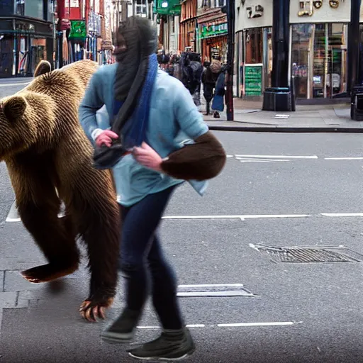 Prompt: brown bear chasing tourist on O'Connell street, Dublin city, hidden camera, photograph, 8k