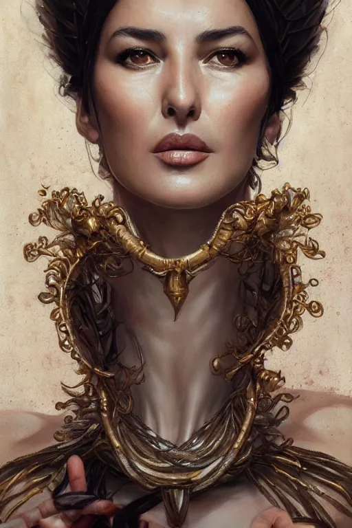 Prompt: monica bellucci as loving goddess, anatomy, only two hands, highly detailed, digital painting, artstation, concept art, smooth, sharp focus, illustration, unreal engine 5, 8 k, art by art by artgerm and greg rutkowski and edgar maxence