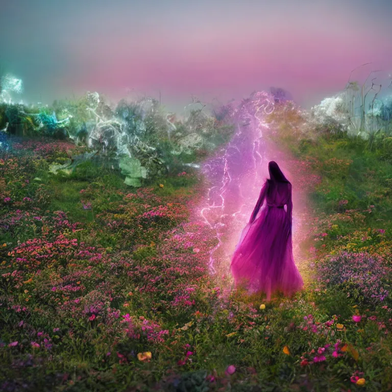 Image similar to a planet of various flowers, fungus and plants, in which the singular human figure is dressed in something magical and impressive, inside the picture is infinity, sunset light, Atmospheric phenomenon, artistic photography, muted colors, conceptual, long exposure outside the city, volumetric light