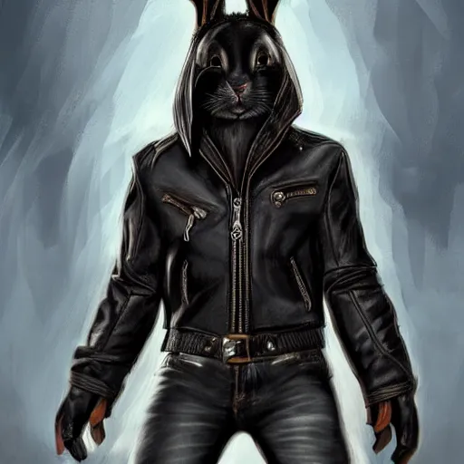 Prompt: A bunny with a small head wearing a fine intricate leather jacket and leather jeans and leathergloves, trending on FurAffinity, energetic, dynamic, digital art, highly detailed, FurAffinity, high quality, digital fantasy art, FurAffinity, favorite, character art