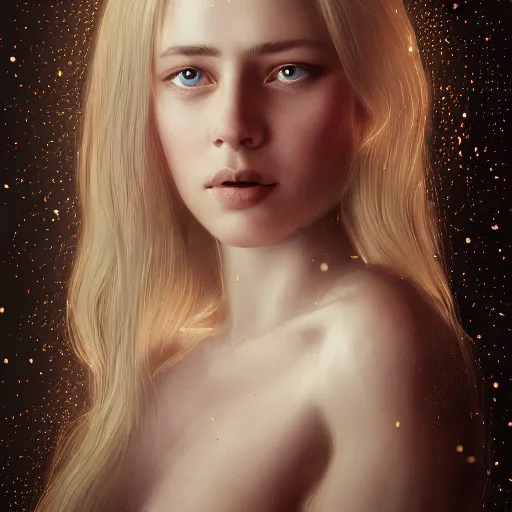 Image similar to epic cinematic shot of beautiful scandinavian princess with symmetrical face stunning eyes and long blonde standing against wooden wall surrounded full of bulletholes, weta disney pixar, hi - fructose, decadent highly - detailed digital painting, golden ratio, octane render, artstation, cinematic composition, smooth, sharp focus, artgerm, mucha, loish, wlop hdr