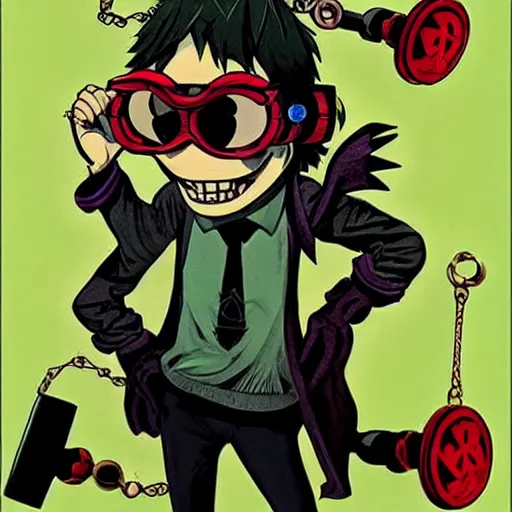 Prompt: a nerdy goth guy wearing goggles and eccentric jewelry by jamie hewlett : : full body character concept art, detailed,