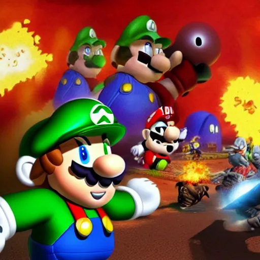 Prompt: Geralt and Master Chief fighting Mario and Luigi in the style of Super Smash Brothers, concept art, fisheye lens, vivid colour, unreal engine