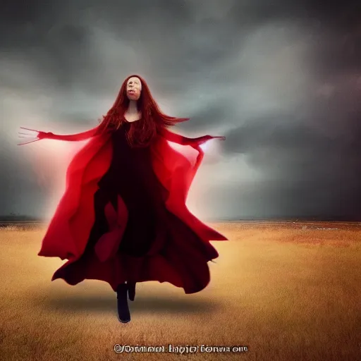 Image similar to Wanda Maximoff chaos magic, scarlet witch, levitating, digital painting, cinematic, moody, soft light