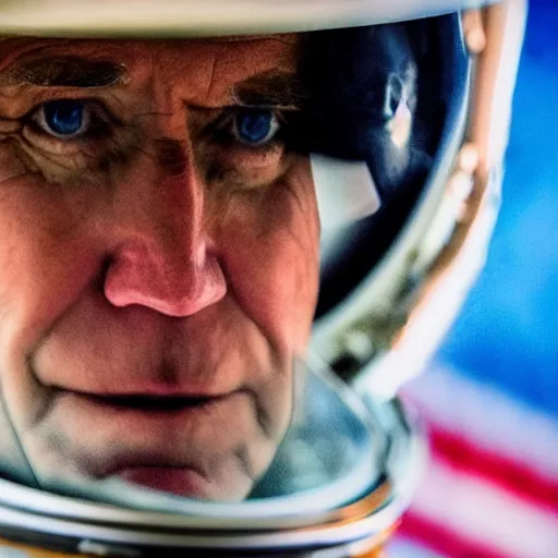 Image similar to A dramatic up close shot of Joe Biden staring into the camera as an astronaut, extremely detailed award winning photo, surreal