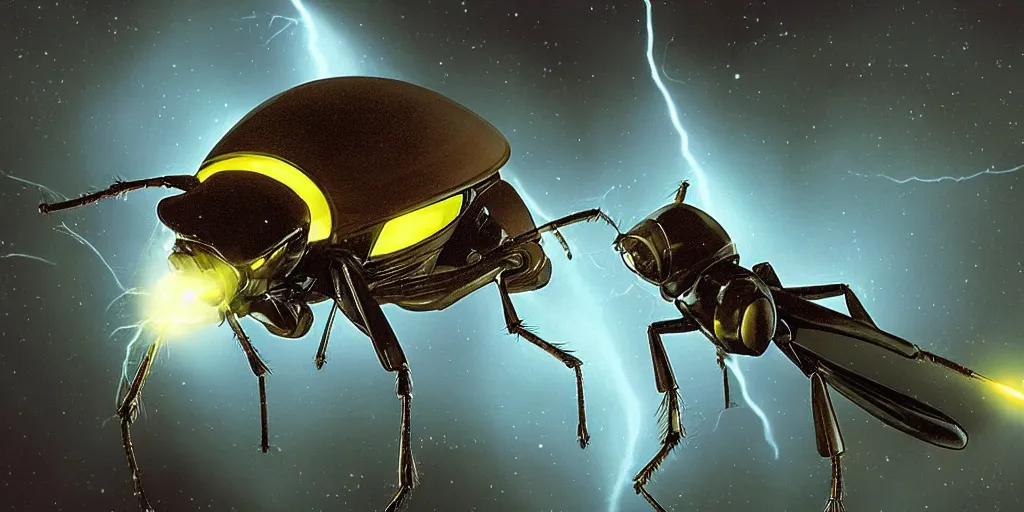Image similar to lightning bug descendant 1 million in the future is a quadruped with big eyes. the bug wears a spacesuit, and explores the cosmos in a bug - shaped spaceship. science fiction blockbuster movie bugs save the planet or the bug from saturn, starship troopers ( 1 9 9 7 ), rogue one