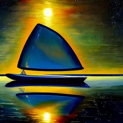 Prompt: a futuristic yacht sitting on a placid water at night with the milky way above, sleek, aerodynamic, cabin lights, reflections, oil painting