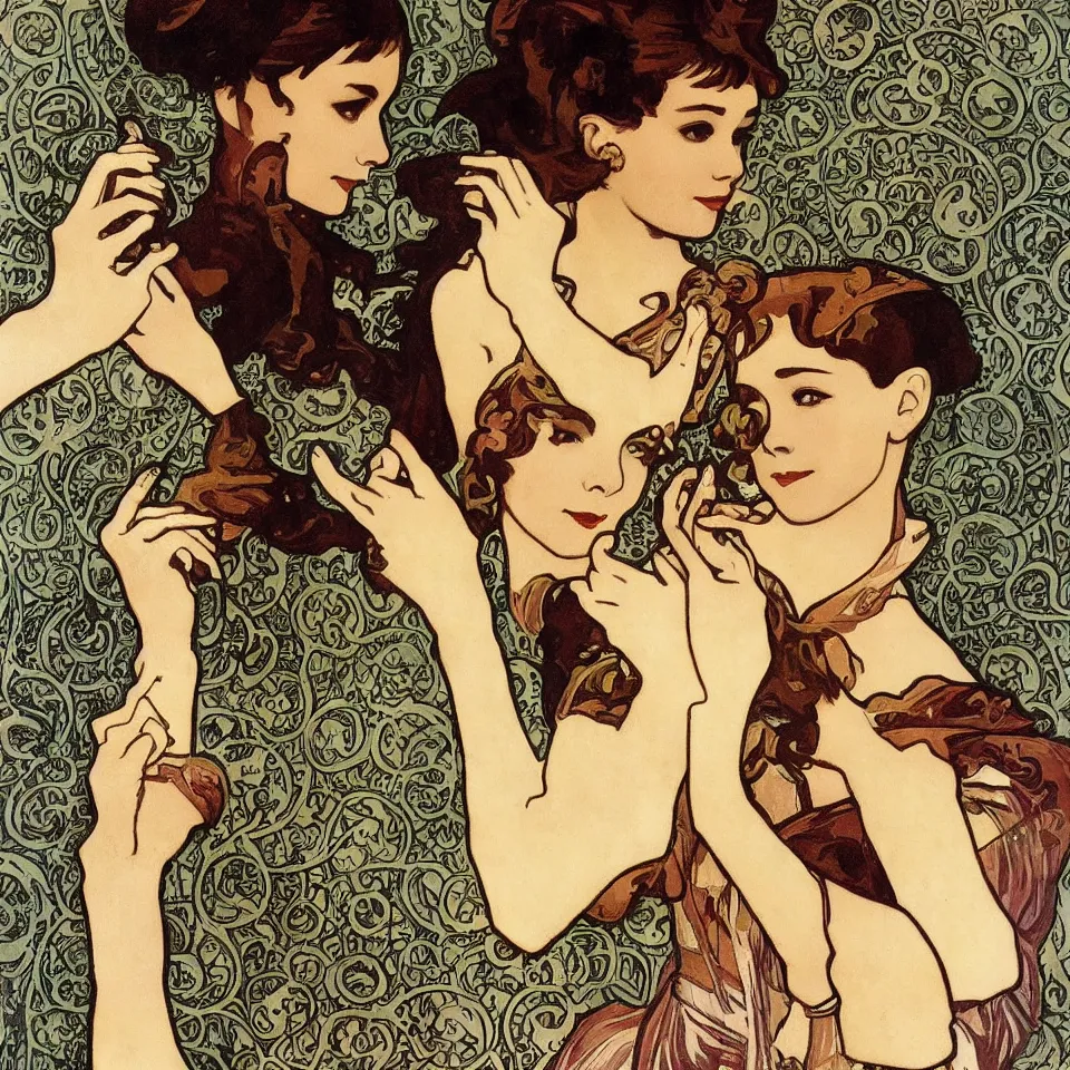 Prompt: audrey hepburn in breakfast at tiffany's by alphonse mucha, art nouveau