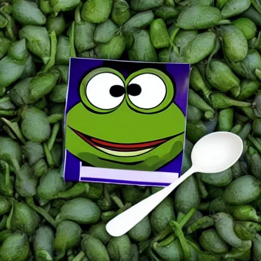 Prompt: crazy pepe with spoon