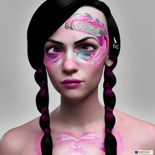 Image similar to An octane 3d render of a girl with pink pigtails, and face tattoos, 8d, HD, hyper detailed, intricate details, photorealistic, dynamic lighting, stunning visuals, creative, trending on art station,