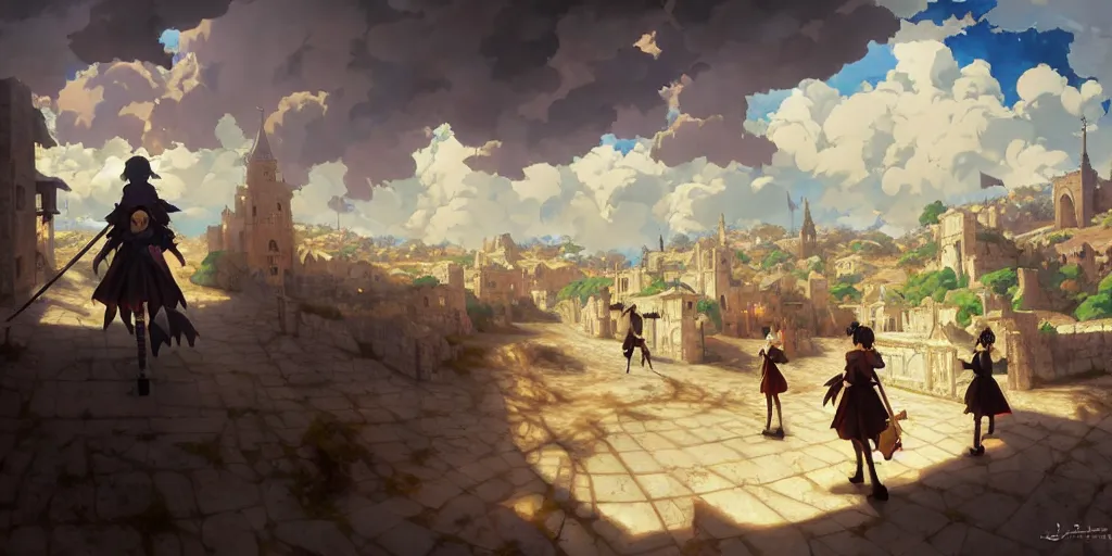 Image similar to baroque oil painting of anime key visual environment concept art of anime maids crusading in jerusalem, brutalist, dark fantasy, rule of thirds golden ratio, fake detail, trending pixiv fanbox, acrylic palette knife, style of makoto shinkai studio ghibli genshin impact jamie wyeth james gilleard greg rutkowski chiho aoshima