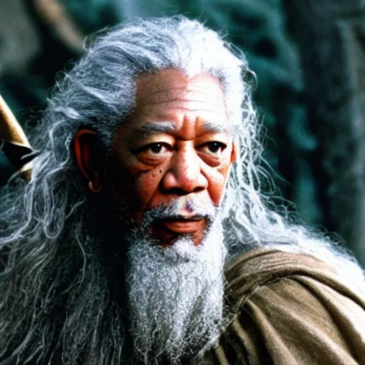 Prompt: still of morgan freeman in lord of the rings as gandalf
