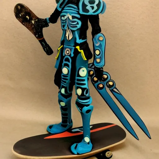 Image similar to a necron named anrakyr posing with a skateboard for a photo