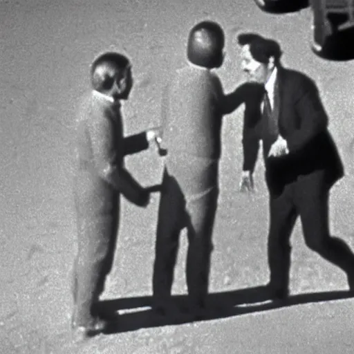 Prompt: historic footage of the first alien encounter in roswell, handshake between president and aliens, hyperrealistic, detailed, grainy