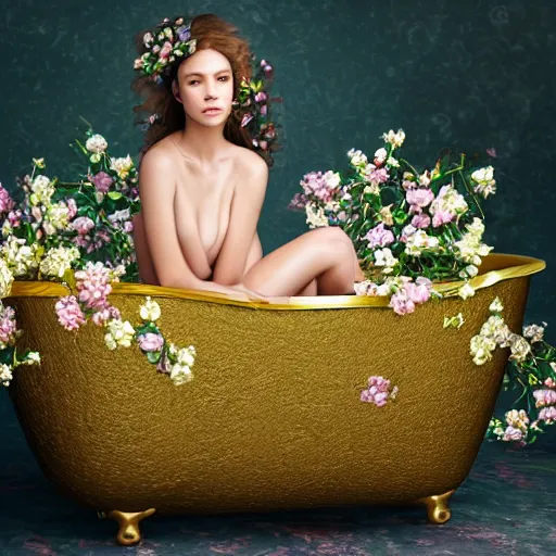 Prompt: photorealistic digital portrait of cute girl model, hair of flowers, in a gold bathtub full of flowers, natural lighting, 5 0 mm still image, artistic, award winning, elegant, by annie leibovitz,