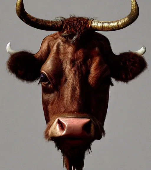 Prompt: a cow with giant demonic horns, hyperrealistic painted portrait by rembrandt, michelangelo, leonardo da vinci, biomechanical, intricate detail, advanced lighting technology, artstation, high quality render