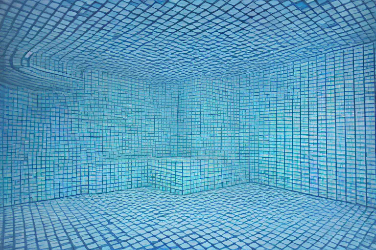 Image similar to underwater non - euclidean, geometric tiled swimming pool tunnels into infinity, cubic and right angles, cube portals, 1 9 6 0 s, color bleed, ektachrome photograph, volumetric lighting, f 8 aperture, cinematic eastman 5 3 8 4 film stanley kubrick