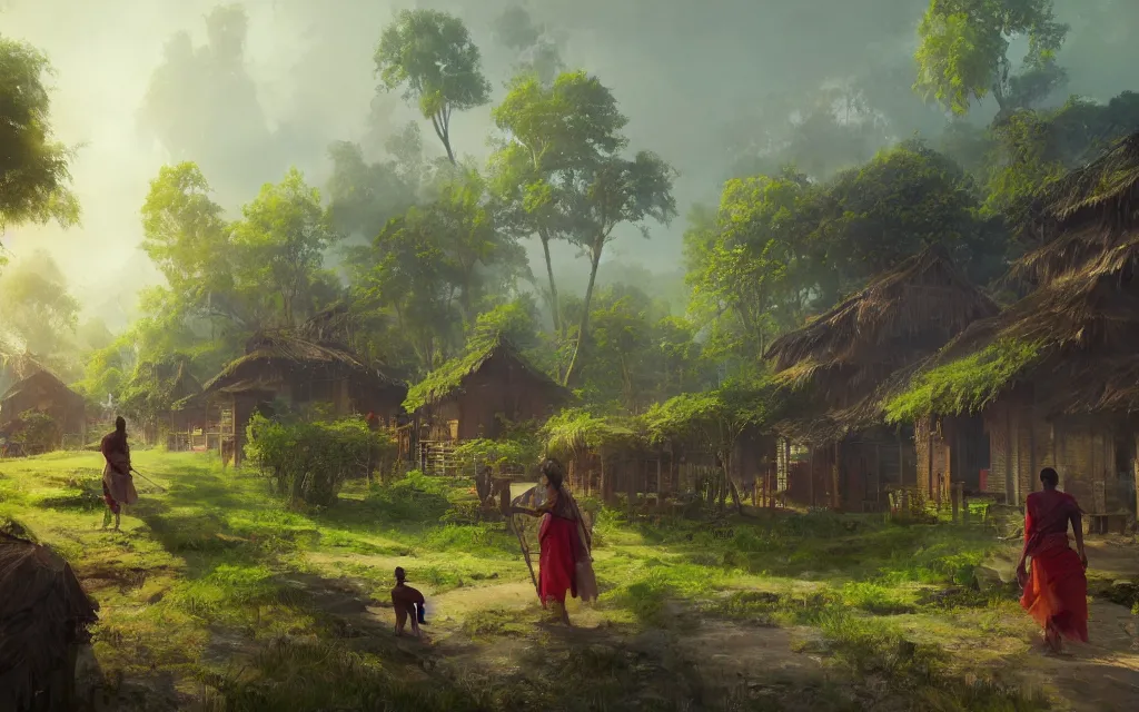 Prompt: kerala village, sharp focus, wide shot, trending on artstation, masterpiece, by greg rutkowski, by ross tran, by fenghua zhong, octane, soft render, oil on canvas, colorful, cinematic, environmental concept art