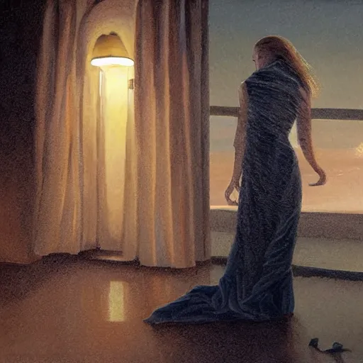 Prompt: Elle Fanning in Santorini in the world of Adam Wyeth, head and shoulders, stormy weather, extremely detailed masterpiece, oil on canvas, low-key neon lighting, artstation, Blade Runner 2049, Roger Deakin’s cinematography, by J. C. Leyendecker and Peter Paul Rubens and Edward Hopper and Michael Sowa,