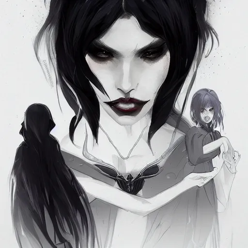 Image similar to female human vampire witch in the style of greg rutkowski, makoto shinkai, trending on artstation, character design, concept art, pretty face, highly detailed, long black hair, portrait, digital art