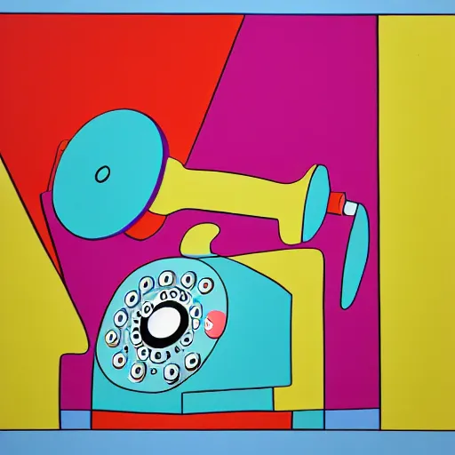 Image similar to a painting of a rotary dial phone, abstract painting in the style of Sophie Taeuber-Arp and Gary Hume and Tatsuro Kiuchi, flat colour-block style, geometric abstraction