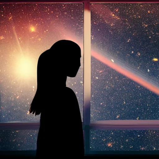 Image similar to a partial silhouette of a girl looking out a large window at a space scene, lofi aesthetic volumetric lighting, dramatic, realistic, intense,